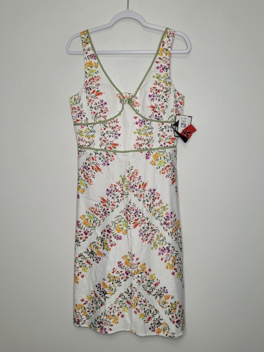 R&K white green flower print garden party cottage cute date night dress NWT 14